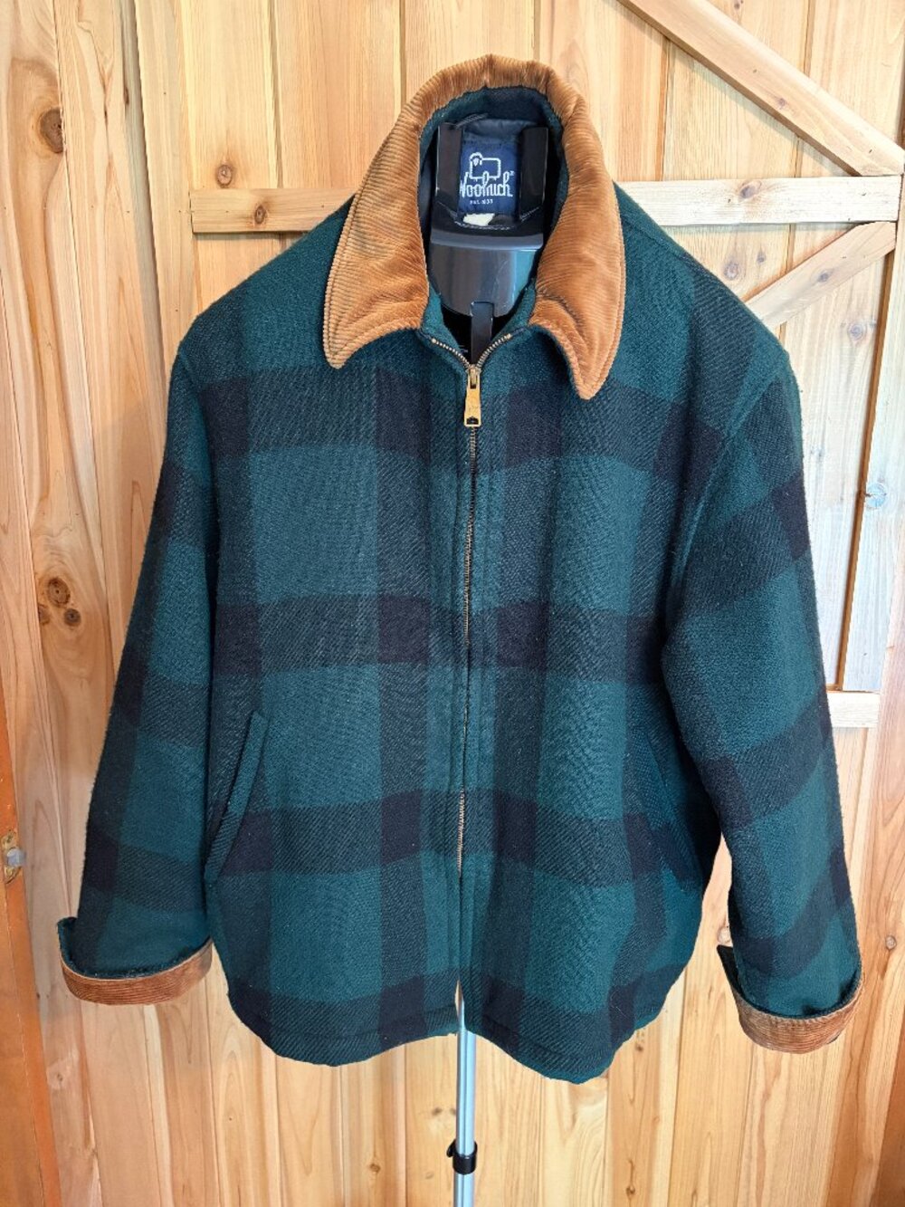 VTG Woolrich Wool Jacket XL Green Black Plaid Corduroy Collar Zip Up Made in USA